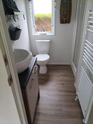 ein Badezimmer mit Toilette, Waschbecken und Fenster in der Unterkunft Chalet-Frank in Lathum
