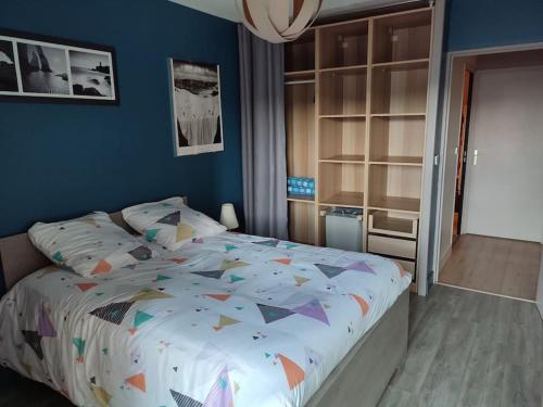 a bedroom with a bed and a blue wall at Grand T2 lumineux avec parking in Nantes