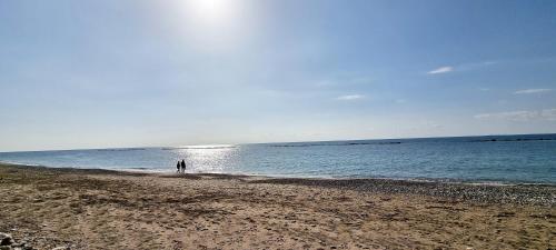 a person standing on a beach near the water at Shanti Paphos Holiday House in Paphos City