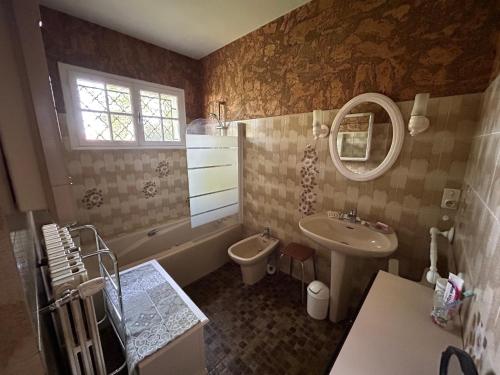 une salle de bain avec un lavabo, des toilettes et un miroir dans l'établissement Maison de famille Basque, à Soulac-sur-Mer