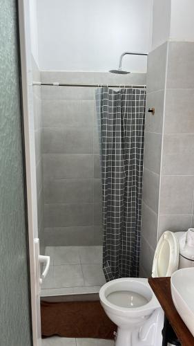 a bathroom with a shower with a toilet and a sink at Olympia Ureki Guria Street 24-26 in Ureki