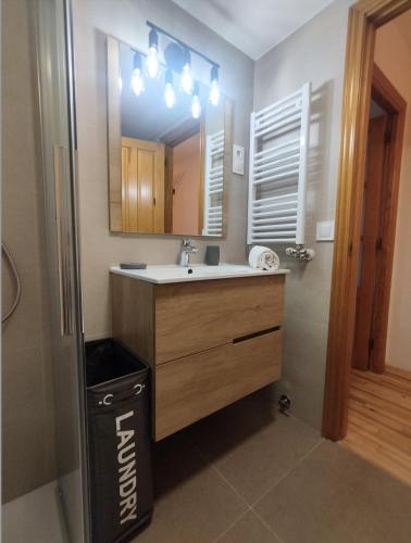 a bathroom with a sink and a mirror and a trash can at CHECK-IN CASAS Ramonot in Benasque
