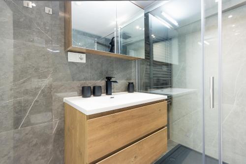 a bathroom with a sink and a shower at Romantisches Studio 4 Rosenburgblick in Moselnähe in Zeltingen-Rachtig