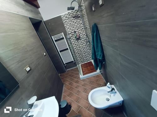 a bathroom with a white sink and a shower at La Cerasa in Contigliano