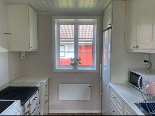 une cuisine blanche avec une fenêtre et un micro-ondes dans l'établissement Vinterhus nära Romme Alpin, à Borlänge