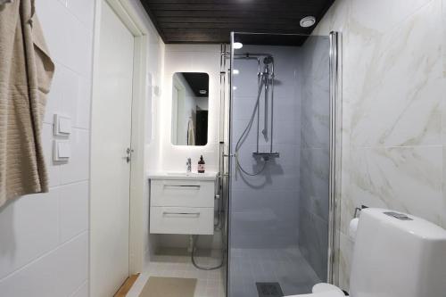 KauhajokiにあるHuoneisto kaupungissa Kauhajokiのシャワー、トイレ、洗面台を備えたバスルーム