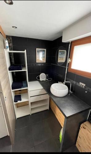 Elle comprend une petite salle de bains pourvue d'un lavabo et d'un comptoir. dans l'établissement Appt proche plage Capbreton, à Capbreton