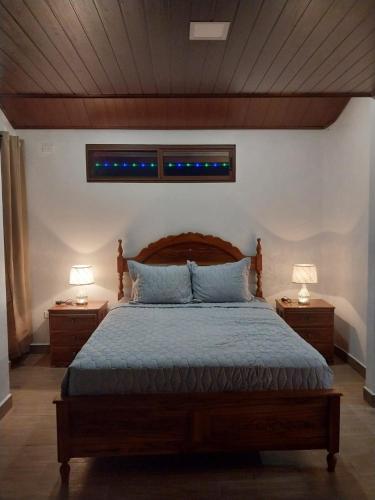 a bedroom with a large bed with two night stands at Cabaña Marys - privacidad y tranquilidad en las montañas de panamá in San Carlos