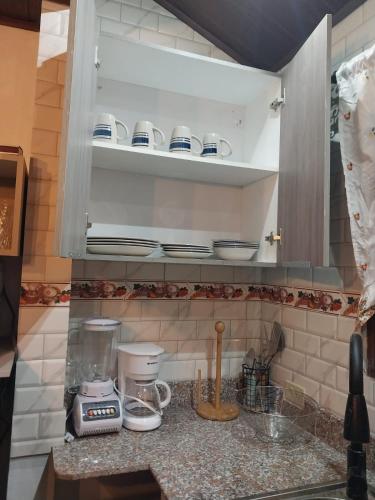 a kitchen counter with cups and plates on a shelf at Cabaña Marys - privacidad y tranquilidad en las montañas de panamá in San Carlos