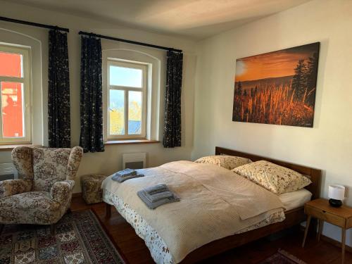 a bedroom with a bed and a chair and two windows at Velflík - ubytování v srdci Krušných hor in Abertamy