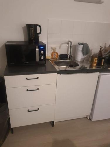 un comptoir de cuisine avec un micro-ondes et un évier dans l'établissement Studio équipé proche metro 14 Institut Gustave RoussyVillejuif, à Villejuif