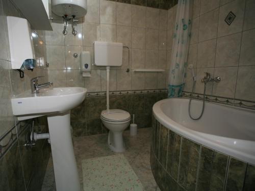 a bathroom with a sink and a toilet and a tub at Apartments Vrata Baranje in Bilje