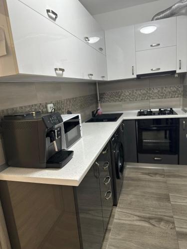 a kitchen with a counter top with a coffee maker on it at Alex Mnl Lux Apartment free parking D12 in Bucharest