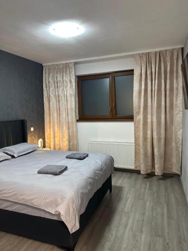 a bedroom with a large bed and two windows at Alex Mnl Lux Apartment free parking D12 in Bucharest