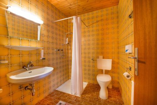 a yellow tiled bathroom with a sink and a toilet at Pension Anderla in Oberau