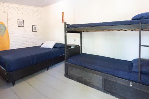 two bunk beds with blue sheets in a room at Pipa Surf House in Pipa