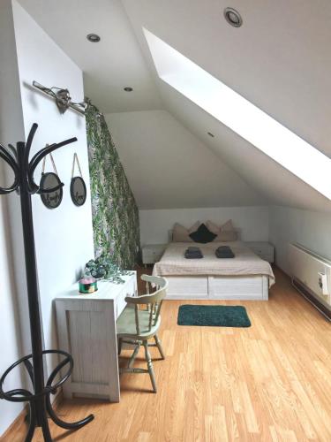 a bedroom with a bed and a desk in a attic at Brasov Cucu Residence in Braşov