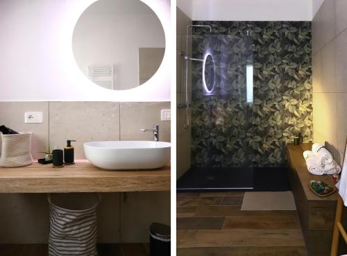 two pictures of a bathroom with a sink and a mirror at Le Nespole in San Benedetto del Tronto