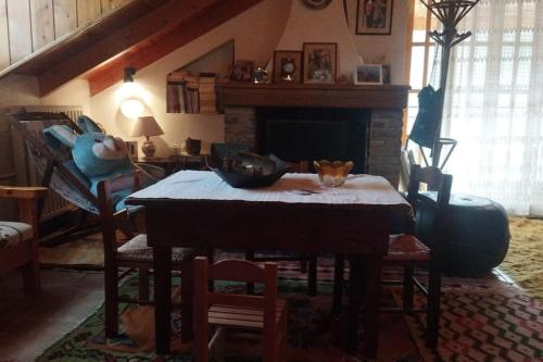 a cat sitting on a table in a living room at Stone Mountainhouse near Kalavryta, North Peloponnese, Greece in Dhoumená