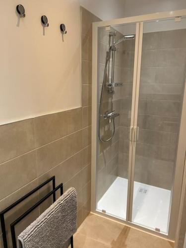 une douche avec une porte vitrée dans une salle de bain dans l'établissement Au moulin, à Romanswiller