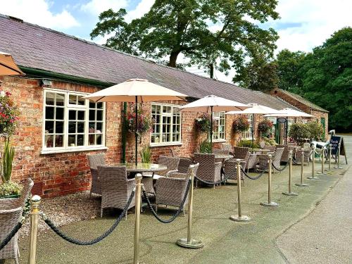 a row of chairs and umbrellas in front of a building at Luxury Barn with sauna near York welcoming families, friends, groups in York