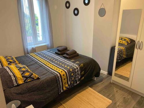 - une chambre avec un lit et un grand miroir dans l'établissement Superbe F2 - 1er étage proche centre ville 3P Wifi, à Saint-Quentin