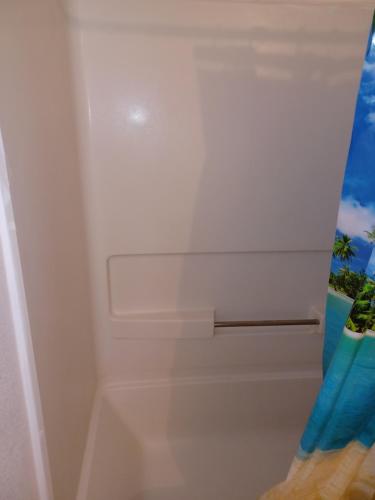 a bathroom with a shower with a white door at Big Cosi Room Near Austin in Pflugerville