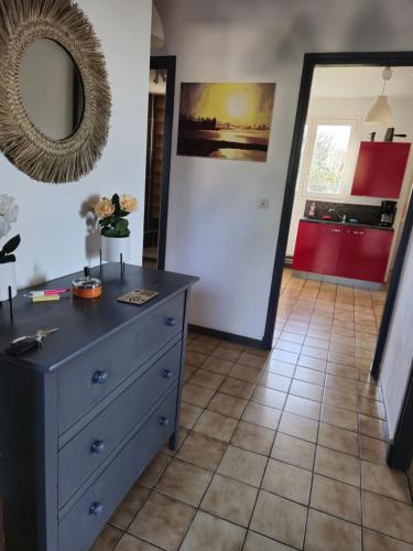 a room with a blue dresser and a mirror at Villa plain pied avec vue imprenable in Martres-de-Veyre