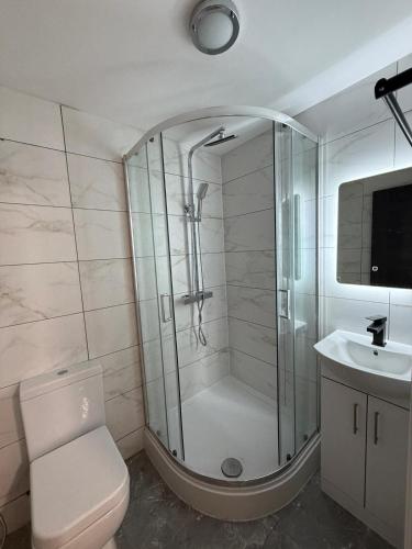 a bathroom with a shower and a toilet and a sink at Guest Suite in Waterlooville in Waterlooville