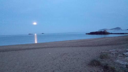 an empty beach with the moon in the distance at Apartamentos Ferrer in Es Figueral Beach