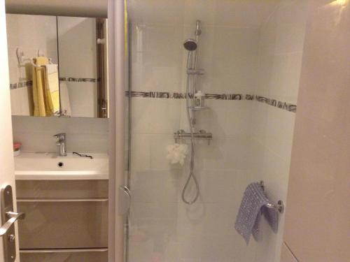 a bathroom with a shower and a sink at Charming town centre house with garden in Dax