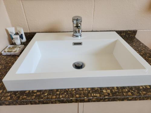 a white sink on a counter in a bathroom at Cedar Lodge Motel Hamilton in Hamilton