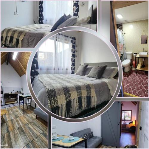 a collage of pictures of a bedroom with a bed at Cabaña en ambiente familiar in Valdivia