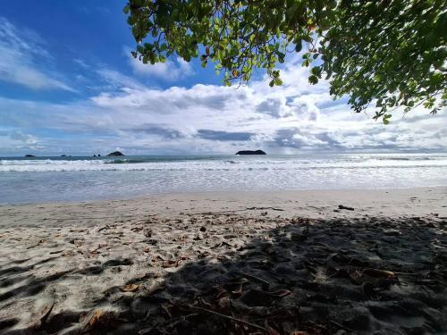 a sandy beach with waves in the ocean at Forest Love in Quepos