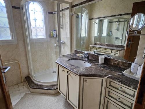 une salle de bain avec un lavabo et une douche dans l'établissement Villa avec piscine privée, climatisation et parking, proche plages aux Issambres - FR-1-768-108, à Saint-Peïre-sur-Mer