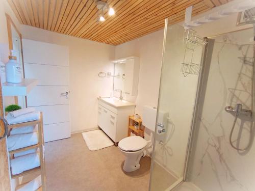 a bathroom with a toilet and a shower at Olive Dome - כיפה גיאודזית ענקית ומודרנית בין עצי הזית in Yavneʼel