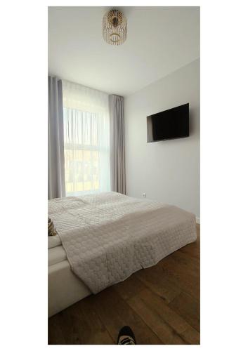 a bedroom with a bed and a flat screen tv at Apartament Blask, w zaciszu zieleni z ogródkiem in Bydgoszcz