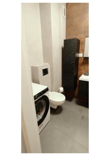 a bathroom with a toilet and a washing machine at Apartament Blask, w zaciszu zieleni z ogródkiem in Bydgoszcz