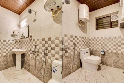 two pictures of a bathroom with a toilet and a shower at Aster Suites in Bangalore