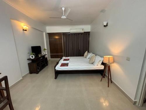 a bedroom with a bed and a television in it at The Grand Ganga, Peaceful, Homely, Near Sangam in Prayagraj