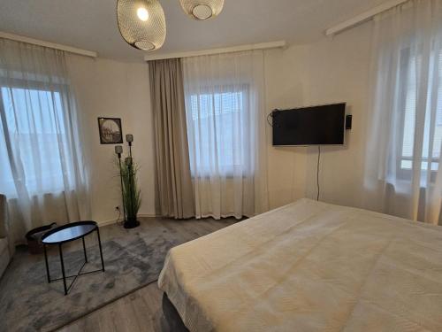 Un dormitorio con una cama y un televisor de pantalla plana. en Moderne 2 Zimmer 70 qm Wohnung in Top Altstadtlage, en Coblenza