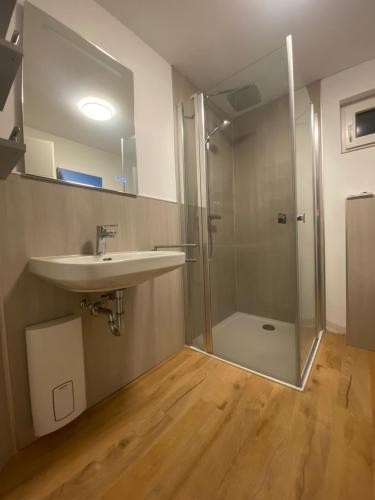 モンシャウにあるSchwedenhaus Fridhem Hügelglück mit Weitblickのガラスのシャワーと洗面台を備えたバスルーム