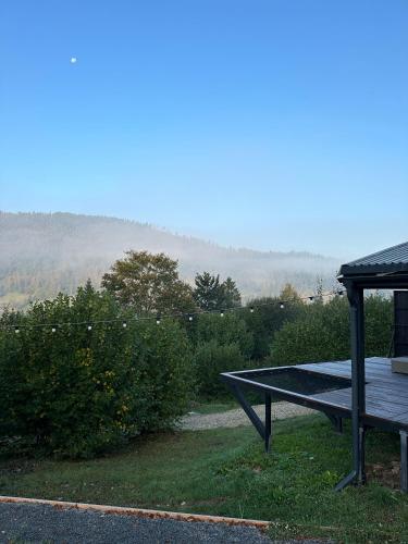 a picnic table with a view of a mountain at Mirest - котеджі в горах із чаном-джакузі in Slavske