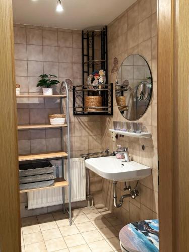 a bathroom with a sink and a mirror at Carina, Martin, Michael & Sissi in Garmisch-Partenkirchen