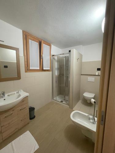 a bathroom with a shower and a sink and a toilet at Orobie Holiday Apartments in Albosaggia