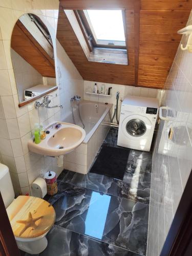 a bathroom with a sink and a washing machine at Pension 21 in Prague
