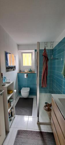 une salle de bain avec une douche avec des toilettes et un lavabo dans l'établissement vacances plein sud, à Narbonne-Plage