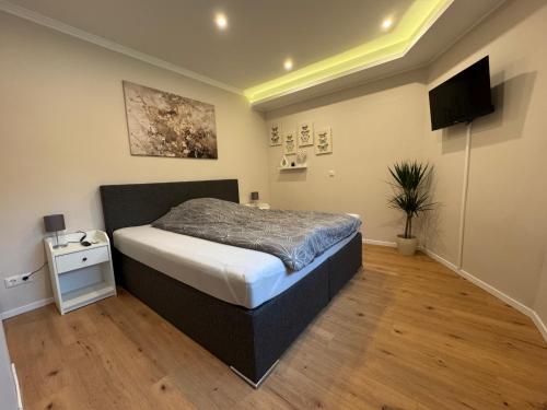 a bedroom with a bed and a tv on the wall at Ferienwohnung Stefan in Wallertheim