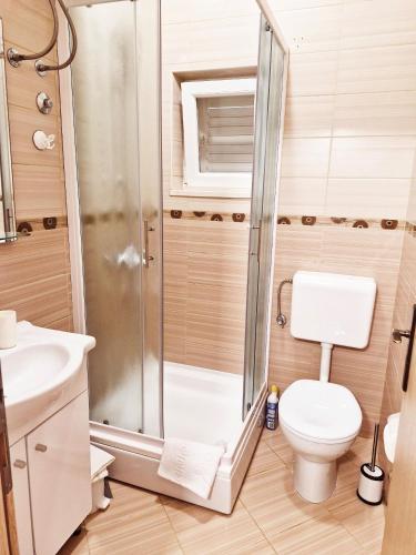 a bathroom with a shower and a toilet at Morska in Orebić