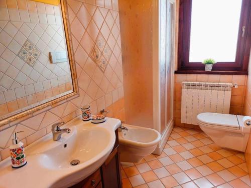 a bathroom with a sink and a toilet at Characteristic restored farmhouse with 360 degree views in Montefino